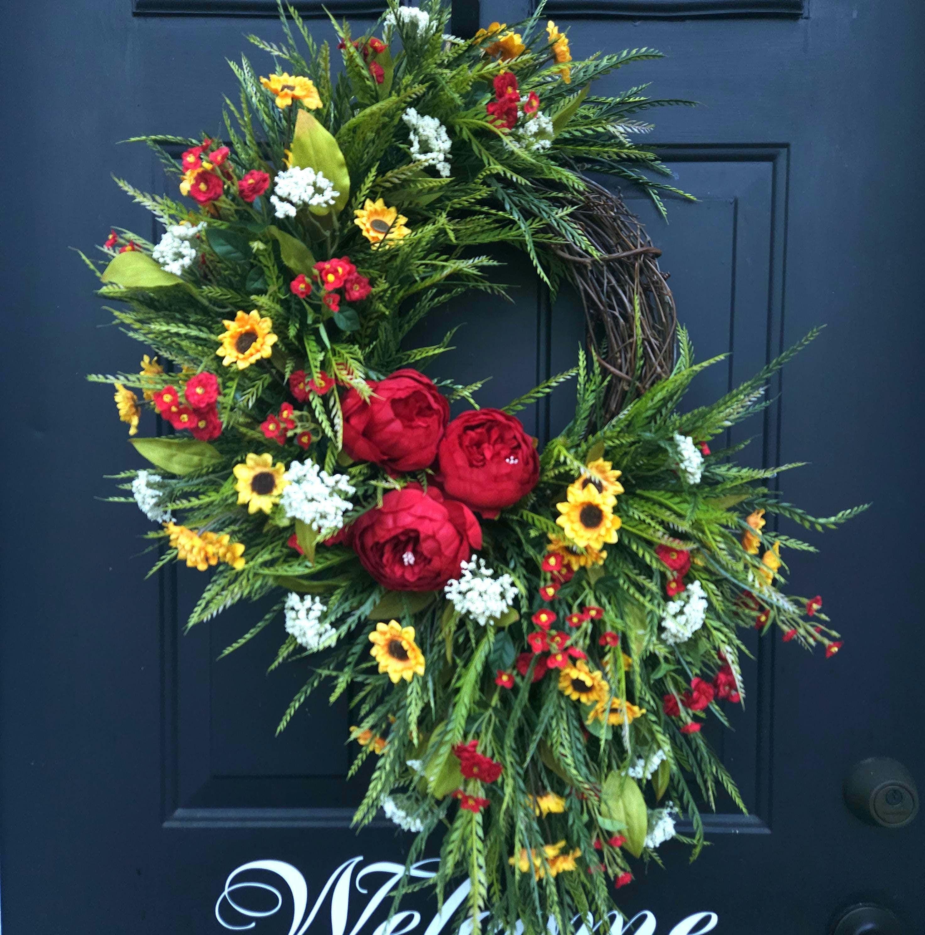 Red peony, yellow sunflower, sawgrass summer or fall front door wreath. Elegant summer wreath, asymmetrical unique wreath - red yellow white