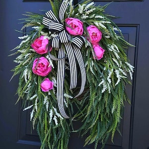 Pink Peony Wreath for your spring or summer front door, pink and white elegant wreath, Sawgrass Wreath with Black and White striped Bow