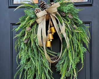 Bell and bow wreath, gold bell wreath, burlap bow, winter or year tound wreath,hanging saw grass wreath, christmas wreath, artificial wreath