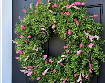 Pink summer wreath, pink candle ring, cottegecore wreath, year round wreath, front door wreath, all season wreath, gift