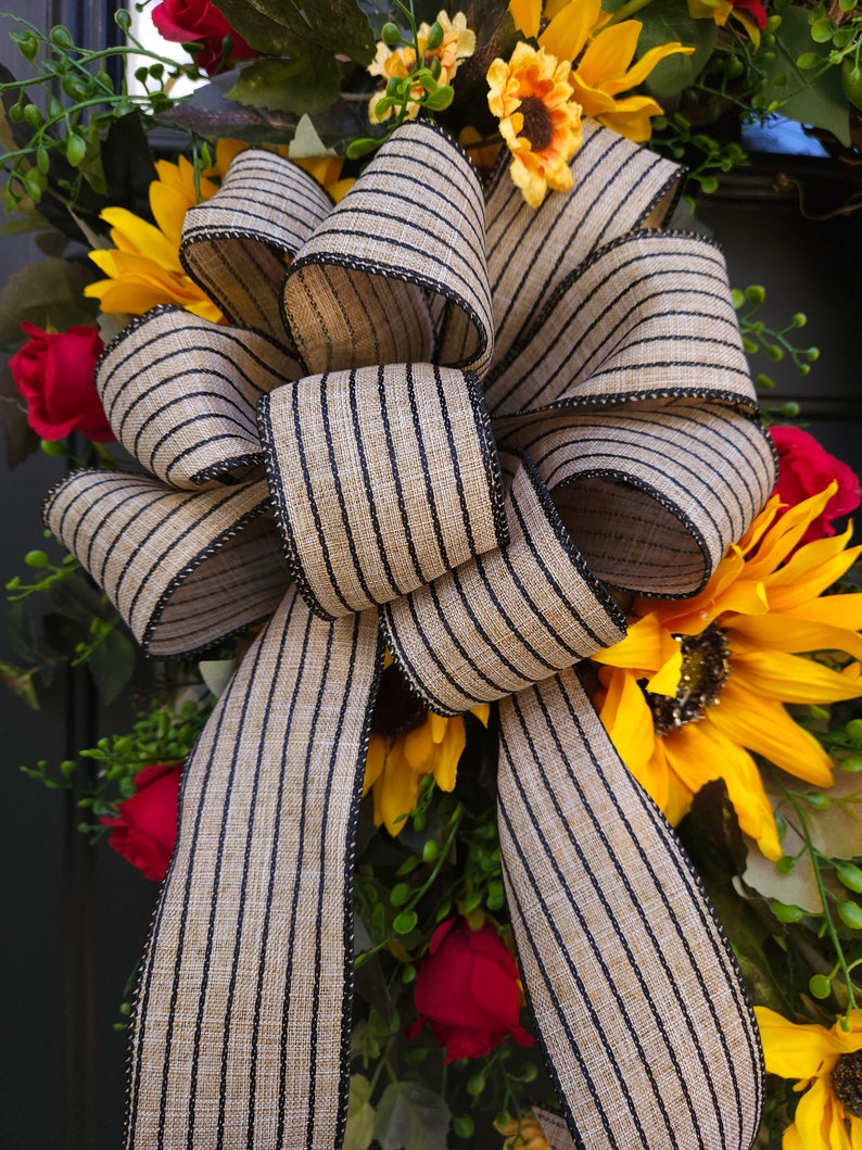 Fall sunflower wreath with red roses and black striped burlap bow sunflower wreath for front door sunflower decor indoor outdoor immagine 6