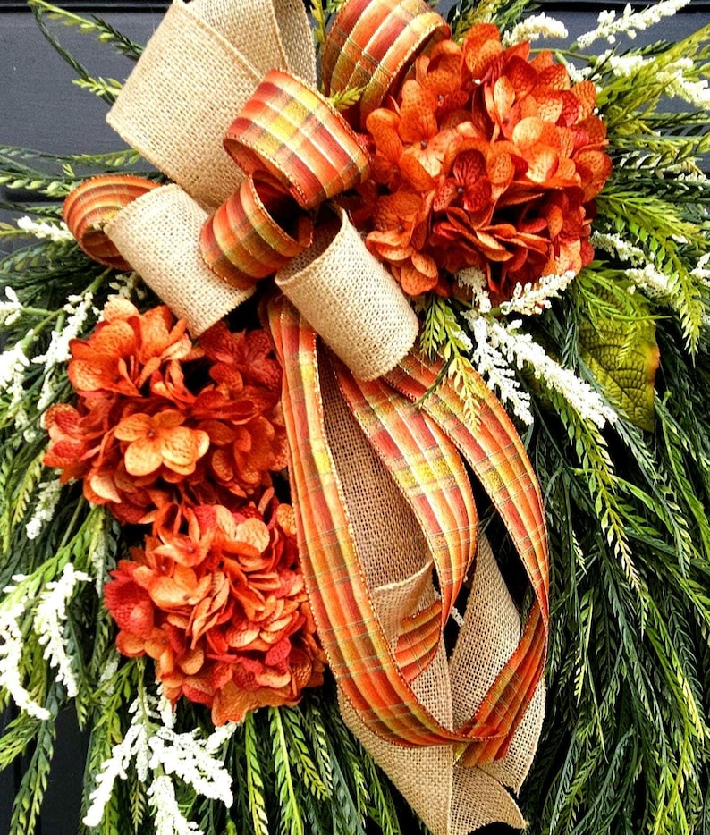 Fall Hydrangea Wreath With Sawgrass, Spiced Orange Hydrangea, White ...