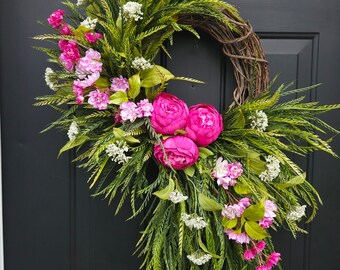 Fuschia hot pink peony wreath for front door with pink cherry blossoms, saw grass wreath, spring summer wreath, gift for mom, Mother's Day