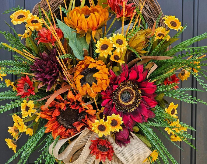 Fall Sunflower Wreath for Front Door With Red, Orange and Yellow ...