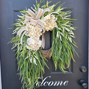 Cream beige hydrangea wreath with cream astilbe flowers and hanging sawgrass greenery, year round wreath for front door, gift for mom