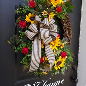 Fall sunflower wreath with red roses and black striped burlap bow sunflower wreath for front door sunflower decor indoor outdoor immagine 9