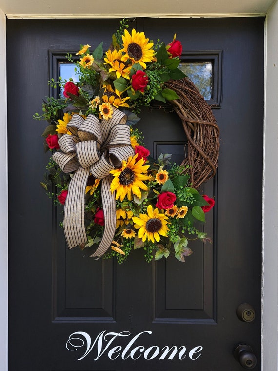Fall sunflower wreath with red roses and black striped burlap bow  sunflower wreath for front door sunflower decor indoor outdoor