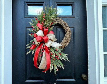 Red and gold Christmas wreath for front door, pine and red berry wreath, Christmas gift for mom, grandma, red berry wreath