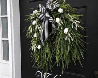 White tulip wreath for spring  Easter front door, saw grass wreath, black and white striped bow, gift for mom, wedding gift