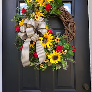 Fall sunflower wreath with red roses and black striped burlap bow sunflower wreath for front door sunflower decor indoor outdoor immagine 5
