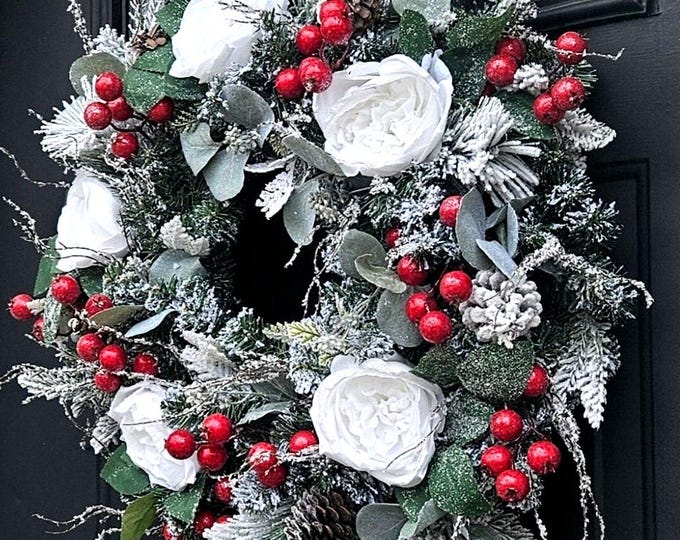 Flocked Christmas Wreath, Red and White Christmas Wreath, Flocked ...