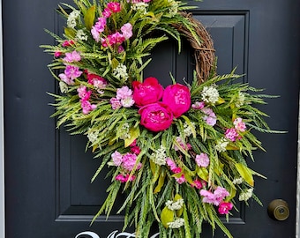 Fuschia hot pink peony wreath for front door with pink cherry blossoms, saw grass wreath, spring summer wreath, Mother&#39;s Day gift, Valentine