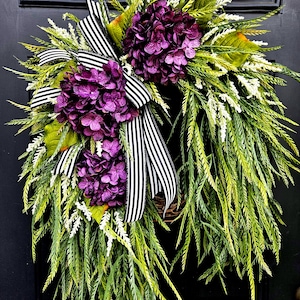 Purple hydrangea wreath with white astilbe and sawgrass greenery, farmhouse wreath, Handcrafted wreath for front door, Easter wreath