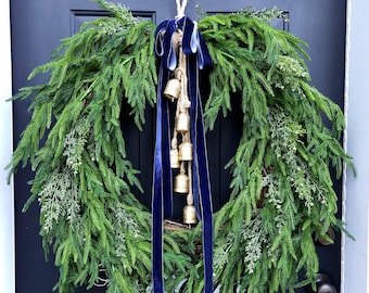 30" Norfolk Pine wreath, Christmas pine wreath with velvet ribbon and goldbells, winter wreath, XL wreath