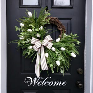 White tulip beaded grass wreath for spring  Easter front door, eucalyptus wreath, beige and white striped bow, gift for mom, wedding gift