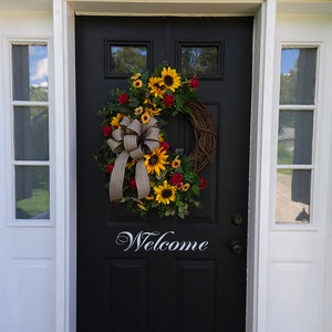 Fall sunflower wreath with red roses and black striped burlap bow sunflower wreath for front door sunflower decor indoor outdoor immagine 10