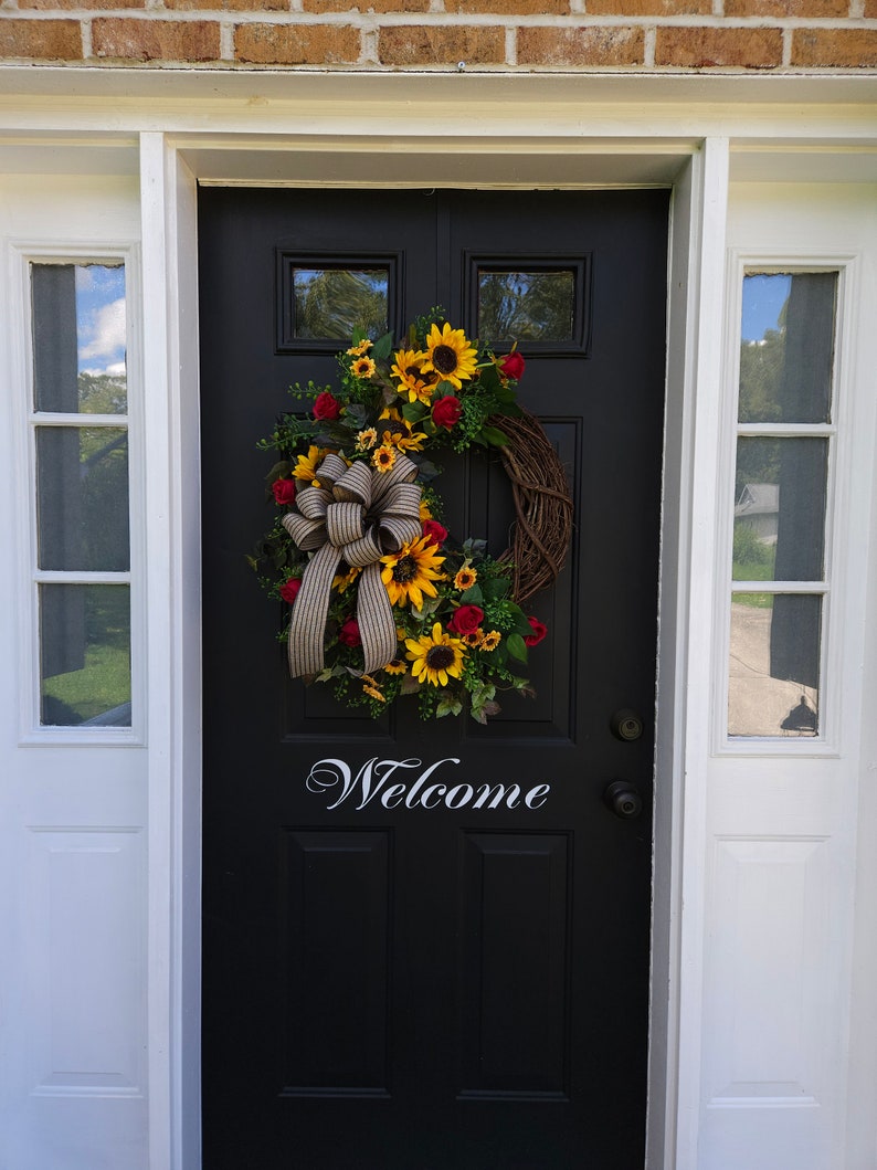 Fall sunflower wreath with red roses and black striped burlap bow sunflower wreath for front door sunflower decor indoor outdoor immagine 10