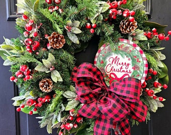 Magnolia Christmas wreath, Farmhouse christmas wreath, buffalo check bow, artificial Christmas wreath, red berry christmas wreath