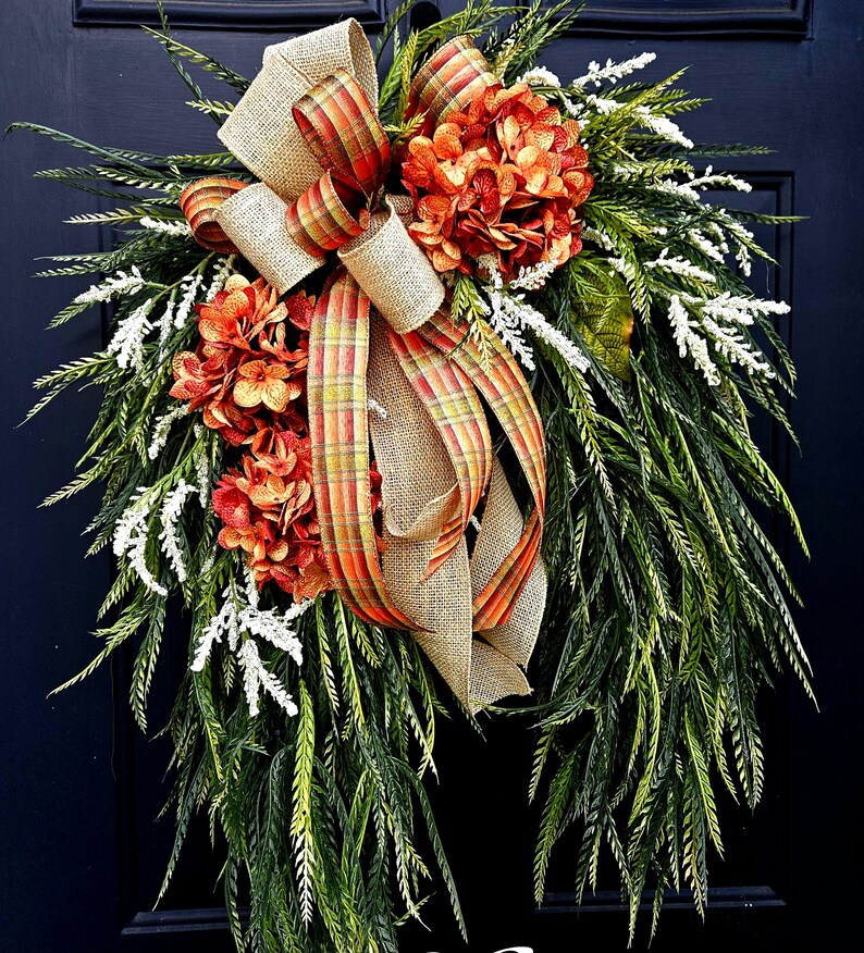 Fall Hydrangea Wreath With Sawgrass, Spiced Orange Hydrangea, White ...