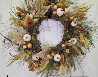 Fall Neutral boho harvest pumpkin wreath with  berries, acorns, pinecones, fall leaves front door wreath, autumn home decor