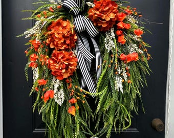Fall Hydrangea Wreath, Burnt Orange fall decor, Sawgrass & Black White Bow, rustic primitive wreath
