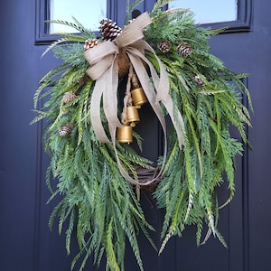 Bell and bow wreath, gold bell wreath, sparkle jute bow, winter or year round wreath, hanging artificial saw grass wreath, christmas wreath