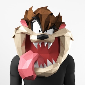 Tasmanian Devil Mask in cartoon style PDF Template, Paper Mask Low Poly