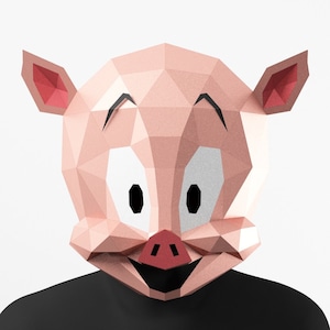 Plantilla PDF de máscara de cerdo en estilo de dibujos animados, máscara de papel Low Poly