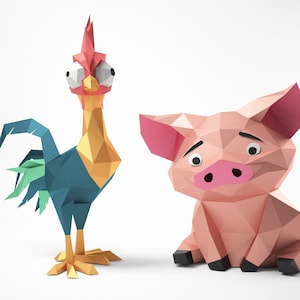 Gallo y cerdo, plantilla PDF para escultura poligonal