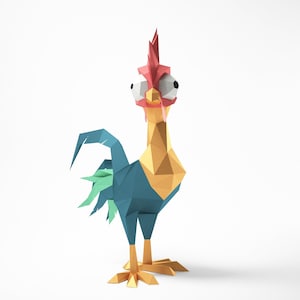 Puede incluir: Un gallo de origami colorido con una cresta roja, un cuerpo amarillo, alas azules y plumas de cola verdes. El gallo tiene ojos grandes y blancos y una expresión de sorpresa.