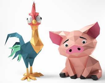Galo e porco, modelo PDF para escultura poligonal