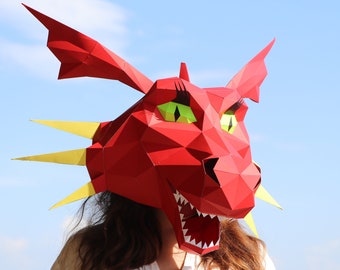 Drakmask, tecknad stil, papperspysselmall DIY, drakkvinna