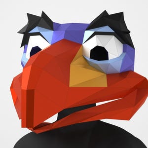 Máscara de cálao de pico rojo, máscara de pájaro de dibujos animados, papercraft de baja poli, pájaro africano