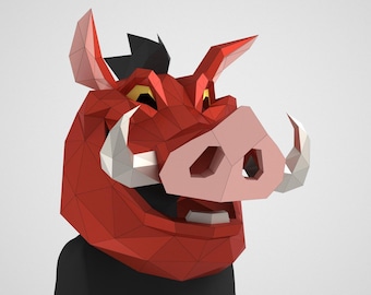 Máscara de javali 3D de desenho animado – Modelo PDF digital para artesanato de papel divertido