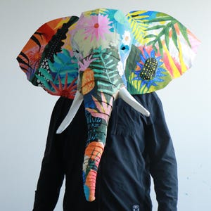 Plantilla de máscara de elefante: decoración de pared 3D o máscara portátil. Patrón DIY para cartón o espuma EVA.