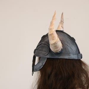 May include: A gray Viking helmet with two large, curved, cream-colored horns. The helmet has a dark gray face guard and is worn over long, brown hair. The helmet is a costume piece.