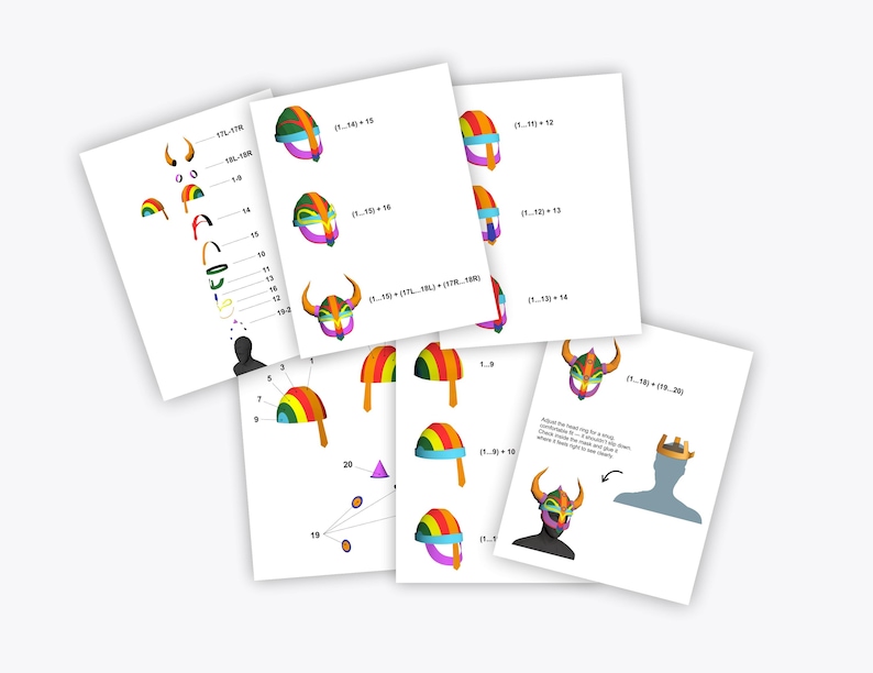 May include: Several white sheets of paper with illustrations of a Viking helmet in various stages of assembly. The helmets are shown in different colors, including rainbow, and feature horns. Text and numbers are also present.