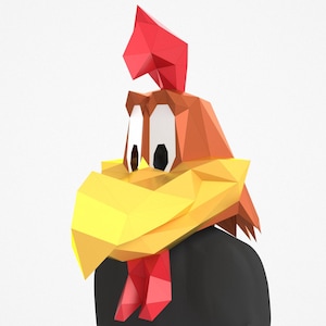 Cartoon Rooster Mask, Low Poly Animal Papercraft Template (PDF, SVG, DXF)