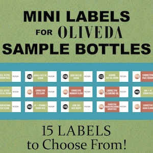May include: A blue background with 15 sample bottle labels for Oliveda skincare products. The labels are in a grid pattern and feature different product names and descriptions. The text "15 LABELS to Choose From!" is at the bottom of the image.