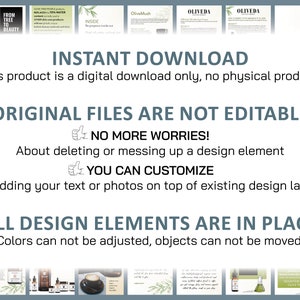 K&ouml;nnte beinhalten: Eine Grafik f&uuml;r den digitalen Download mit dem Text "INSTANT DOWNLOAD" und "ORIGINAL FILES ARE NOT EDITABLE". Die Grafik enth&auml;lt auch den Text "NO MORE WORRIES!" und "YOU CAN CUSTOMIZE". Die Grafik ist von Bildern verschiedener Produkte umgeben, darunter Flaschen mit &auml;therischen &Ouml;len, eine Tasse Kaffee und eine Flasche Handcreme.