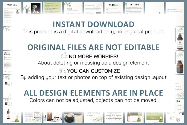 K&ouml;nnte beinhalten: Eine Grafik f&uuml;r den digitalen Download mit dem Text "INSTANT DOWNLOAD" und "ORIGINAL FILES ARE NOT EDITABLE". Die Grafik enth&auml;lt auch den Text "NO MORE WORRIES!" und "YOU CAN CUSTOMIZE". Die Grafik ist von Bildern verschiedener Produkte umgeben, darunter Flaschen mit &auml;therischen &Ouml;len, eine Tasse Kaffee und eine Flasche Handcreme.