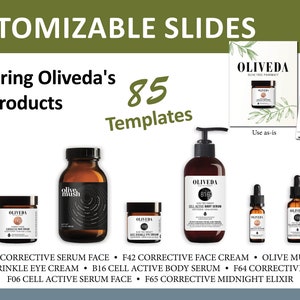 K&ouml;nnte beinhalten: Eine Sammlung von acht Glasflaschen mit verschiedenen Hautpflegeprodukten, darunter Seren, Cremes und ein Augen-Elixier. Die Flaschen sind mit dem Markennamen "Oliveda" gekennzeichnet und enthalten eine Vielzahl nat&uuml;rlicher Inhaltsstoffe. Das Bild enth&auml;lt auch Text, der "Featuring Oliveda's Top Products" und "85 Templates" lautet.