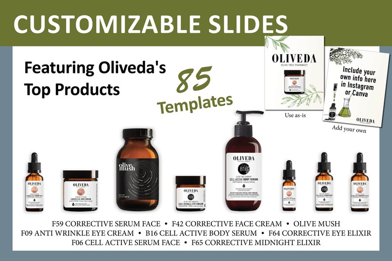 K&ouml;nnte beinhalten: Eine Sammlung von acht Glasflaschen mit verschiedenen Hautpflegeprodukten, darunter Seren, Cremes und ein Augen-Elixier. Die Flaschen sind mit dem Markennamen "Oliveda" gekennzeichnet und enthalten eine Vielzahl nat&uuml;rlicher Inhaltsstoffe. Das Bild enth&auml;lt auch Text, der "Featuring Oliveda's Top Products" und "85 Templates" lautet.