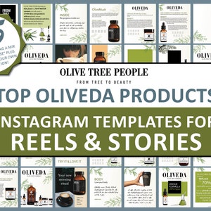 K&ouml;nnte beinhalten: Eine Collage aus 85 Instagram-Story- und -Reel-Vorlagen zur Bewerbung von Oliven&ouml;l-Sch&ouml;nheitsprodukten. Die Vorlagen sind in einem gr&uuml;n-wei&szlig;en Farbschema mit Olivenzweigen und Produktbildern gehalten. Der Text "Olive Tree People: From Tree to Beauty" und "Top Oliveda Products" befindet sich in der Mitte der Collage.