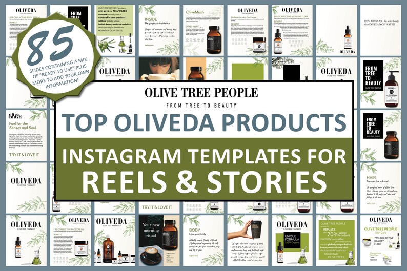 K&ouml;nnte beinhalten: Eine Collage aus 85 Instagram-Story- und -Reel-Vorlagen zur Bewerbung von Oliven&ouml;l-Sch&ouml;nheitsprodukten. Die Vorlagen sind in einem gr&uuml;n-wei&szlig;en Farbschema mit Olivenzweigen und Produktbildern gehalten. Der Text "Olive Tree People: From Tree to Beauty" und "Top Oliveda Products" befindet sich in der Mitte der Collage.