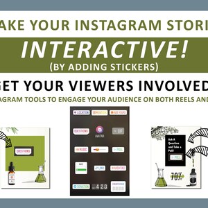 K&ouml;nnte beinhalten: Eine Grafik mit gr&uuml;nem und gelbem Text, der "Machen Sie Ihre Instagram-Storys interaktiv! (Durch Hinzuf&uuml;gen von Stickern)" und "Beziehen Sie Ihre Zuschauer ein! Nutzen Sie Instagram-Tools, um Ihr Publikum sowohl in Reels als auch in Storys zu binden." lautet. Die Grafik zeigt zwei Beispiele f&uuml;r Instagram-Storys mit interaktiven Stickern. Die erste Story hat einen gr&uuml;nen Hintergrund mit einer Flasche und einem Becherglas. Die zweite Story hat einen gr&uuml;nen Hintergrund mit einer Flasche und einem Becherglas. Der Text auf den Stickern umfasst "Fragen", "Avatar", "GIF", "Musik", "Umfrage", "Standort", "Spende", "Erw&auml;hnung", "F&uuml;ge deine hinzu", "Stelle eine Frage und mache eine Umfrage" und "70%".