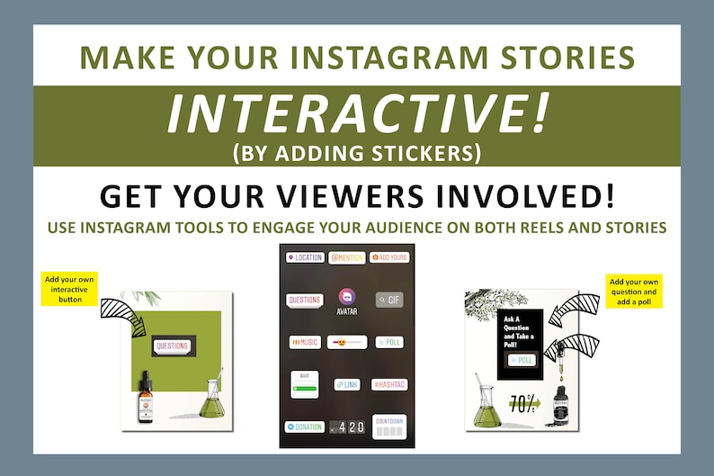 K&ouml;nnte beinhalten: Eine Grafik mit gr&uuml;nem und gelbem Text, der "Machen Sie Ihre Instagram-Storys interaktiv! (Durch Hinzuf&uuml;gen von Stickern)" und "Beziehen Sie Ihre Zuschauer ein! Nutzen Sie Instagram-Tools, um Ihr Publikum sowohl in Reels als auch in Storys zu binden." lautet. Die Grafik zeigt zwei Beispiele f&uuml;r Instagram-Storys mit interaktiven Stickern. Die erste Story hat einen gr&uuml;nen Hintergrund mit einer Flasche und einem Becherglas. Die zweite Story hat einen gr&uuml;nen Hintergrund mit einer Flasche und einem Becherglas. Der Text auf den Stickern umfasst "Fragen", "Avatar", "GIF", "Musik", "Umfrage", "Standort", "Spende", "Erw&auml;hnung", "F&uuml;ge deine hinzu", "Stelle eine Frage und mache eine Umfrage" und "70%".