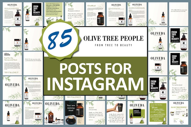 K&ouml;nnte beinhalten: Eine Collage aus 85 Instagram-Posts f&uuml;r Olive Tree People, eine Marke, die Oliven&ouml;l in ihren Sch&ouml;nheitsprodukten verwendet. Die Posts zeigen Bilder der Produkte, Text &uuml;ber die Philosophie der Marke und Lifestyle-Bilder. Der Text "Olive Tree People From Tree to Beauty" ist prominent in der Mitte der Collage zu sehen.