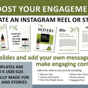 K&ouml;nnte beinhalten: Vier Instagram-Story-Vorlagen f&uuml;r Sch&ouml;nheitsprodukte. Die Vorlagen zeigen gr&uuml;nes Laub, Produktflaschen und Text, der "From Tree to Beauty", "Unique Formula 100% Organic", "Fuel for the Senses and Soul" und "Bos Cell Active Body Serum" lautet. Der Text "Boost Your Engagement" und "Create an Instagram Reel or Story" erscheint oben im Bild. Der Text "Mix slides and add your own messages to make engaging content!" erscheint unter den Vorlagen. Der Text "Templates are 1080 x 1920 size. Specially made for reels and stories" erscheint in der linken unteren Ecke. Der Text "Add more value to your post by including: Skincare Tips, Contact Information, Olive Tree People Stories, Before/After Photos, Positive Quotes, Engaging Posts" erscheint in der rechten unteren Ecke.