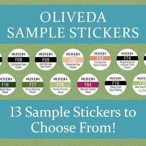 Oliveda-voorbeeldstickers | Etiketten voor zelfgemaakte Oliveda-monsters |  Stickers en labels voor Oliveda-productmonsters